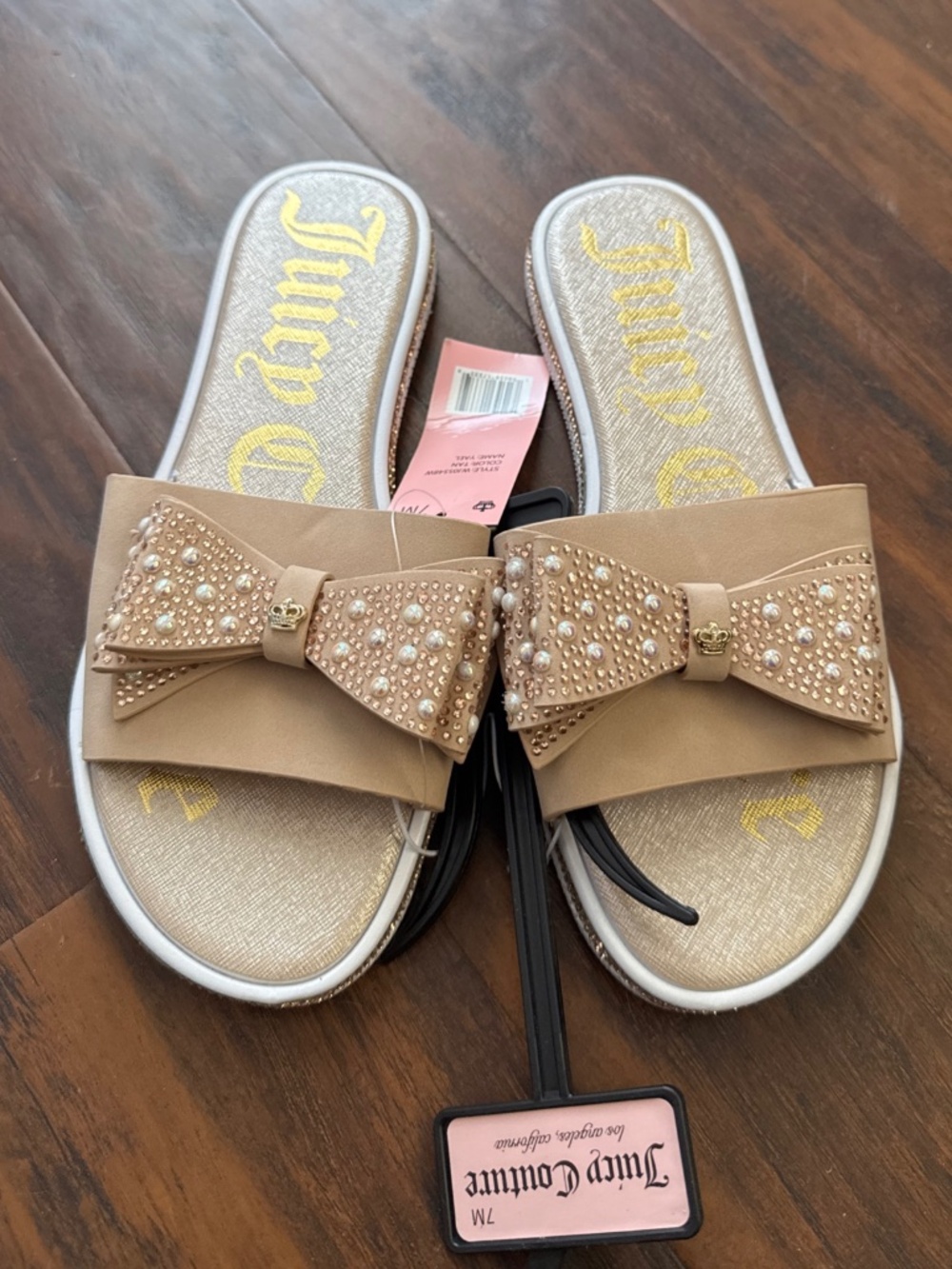 New Juicy Couture Beige Shimmer Slippers Sandals Shoes Bow Sparkle Stones Sz 7